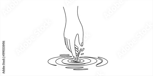 A minimalist black and white line art illustration showing a hand touching the surface of water Vector, illustration