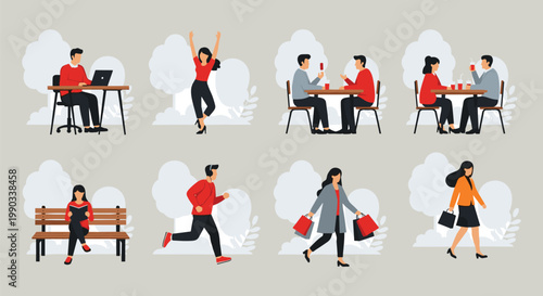A colorful illustration depicts various everyday life scenes including working celebrating dining and leisurely activities for people high quality professional detailed modern elegant