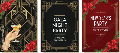 A triptych of art deco inspired invitations showcases festive designs featuring cocktails bows and new year s party details high quality professional detailed