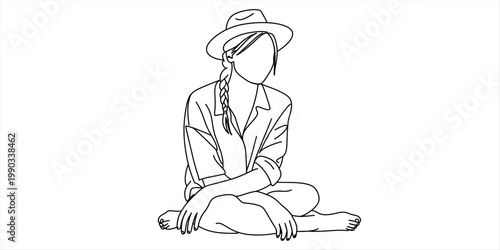 Minimalist line art drawing of a young woman wearing a wide brimmed hat and sitting on floor Vector, illustration