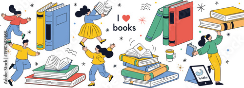 A colorful illustration depicts people joyfully interacting with books stacks and reading materials celebrating a love for literature high quality professional detailed modern