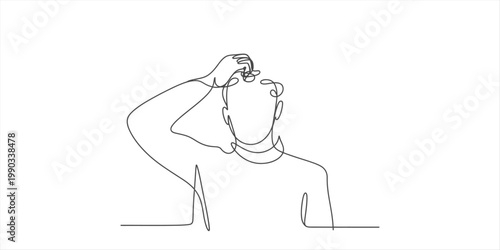 Foto A single continuous line drawing of a person scratching their head showing confu