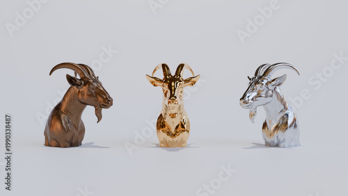 Metallic Goat Head Sculptures in Gold, Silver and Bronze on Minimal Background - Luxury Animal Illustration, Capricorn Symbol, 3D Render