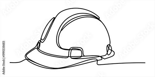 A single continuous line drawing of a protective construction hard hat for safety in workplace. Vector, illustration