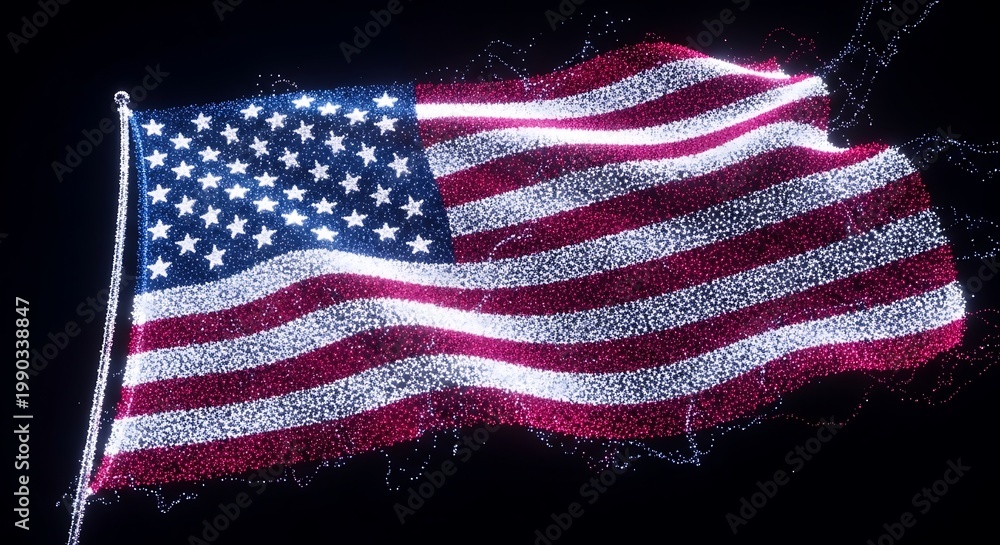 Obraz premium A magnificent abstract rendition of a national flag, rendered with dazzling light particles, embodying the spirit of a vibrant nation and its cherished values, creating a powerful digital display