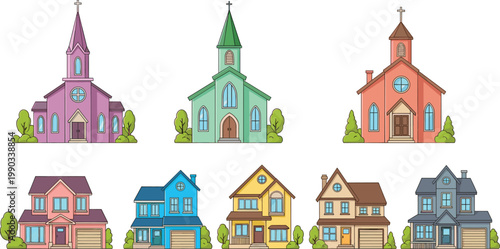 Photos Church and House Illustration Set with Colorful Buildings in Cartoon Style for Urban Design, Real Estate Projects, Community Graphics, and Creative Use