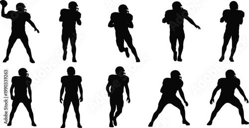 American football player silhouette set featuring dynamic action poses, running, throwing, defensive stances and training positions isolated on white background for sports design use