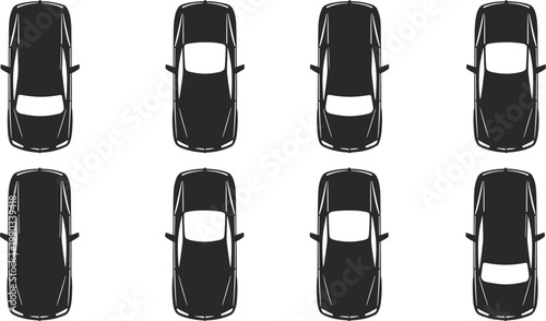 Stylized black silhouette car icons, eight identical top-down vehicle designs with visible mirrors and windshield arrangement