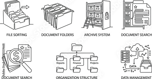 A black and white illustration of various office organization and data management concepts. AI, eps, png, jpg. transparent background.