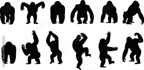 Stylized black silhouette gorilla icons, twelve primate poses including quadrupedal stances, upright gestures, chest beating, and dynamic movements
