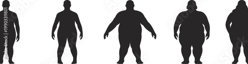 Stylized black silhouette human icons, five standing figures showing diverse body shapes and sizes in frontal view