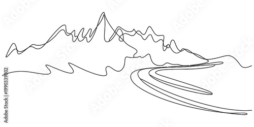 Minimalist continuous line drawing of a majestic mountain range with a winding road leading towards it. Vector, illustration