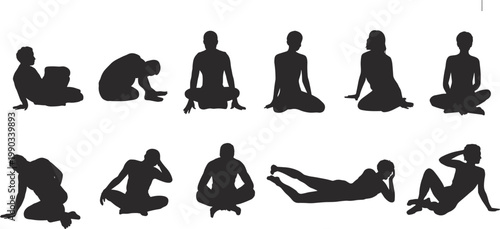 Stylized black silhouette human icons, seated and reclining poses including cross-legged, leaning, lying, and relaxed meditative positions