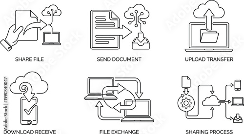 A simple black and white illustration showing various steps of file sharing and exchange AI, eps, png, jpg. transparent background.