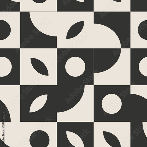 Minimal Geometric Checker Seamless Pattern with Abstract Shapes Black Beige