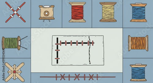 Vintage Sewing Machine and Thread Spools Collection.