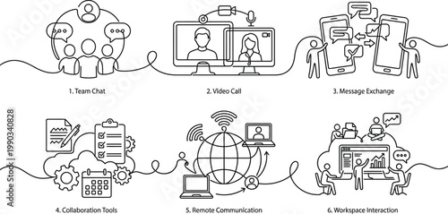 An infographic illustrating various aspects of remote teamwork and communication AI, eps, png, jpg. transparent background.