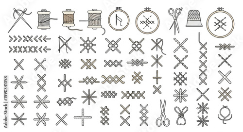 Collection of Hand Drawn Sewing and Embroidery Symbols.
