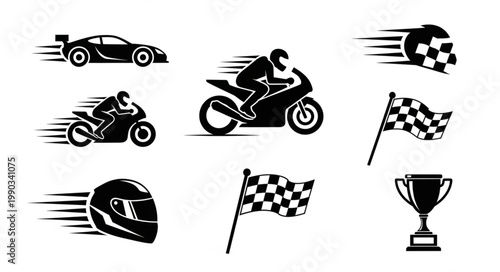 Set of racing icons including cars motorcycles flags and trophy.