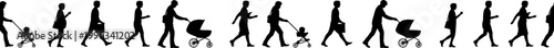 Stylized black silhouette sequence of adults and children walking, pushing strollers, and interacting in family lifestyle scenes