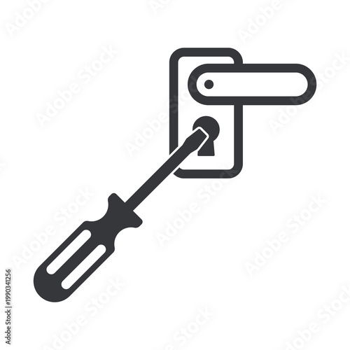 Isolated monochrome pictogram of screwdriver inserted into door lock representing home burglary attempt, forced entry, theft risk, and security warning