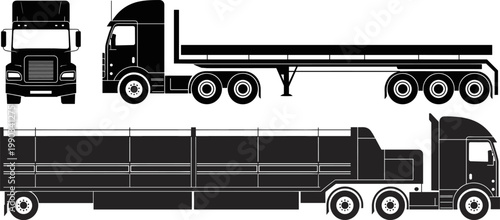 Stylized black silhouette truck icons, three semi-trailer configurations including front cab view, flatbed trailer, and enclosed cargo design