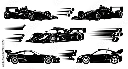 Set of stylized racing cars in motion black and white illustration.