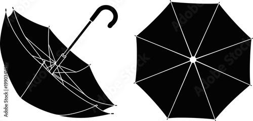 Stylized black umbrella icons, two designs showing partially open frame structure and fully open canopy top view