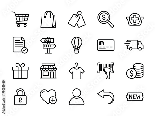 E commerce and online shopping outline vector icons set: shopping cart bag credit card delivery retail symbols with e commerce price tags add to cart hot air balloon gift box t shirt