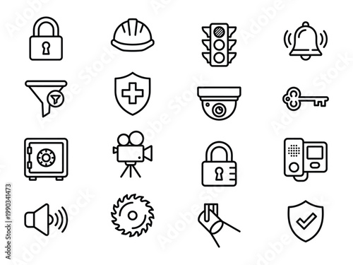 Security safety protection outline vector icons set: locks surveillance cameras hard hat alarm industrial tools with traffic light safety equipment access control security protection surveillance