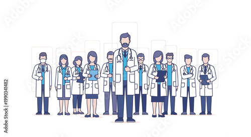 Illustration of a diverse group of medical professionals standing together in lab coats with various expressions on a clean white background.