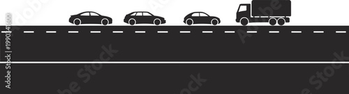 Stylized black-and-white roadway illustration, four vehicles including cars and truck traveling in single lane with dashed markings