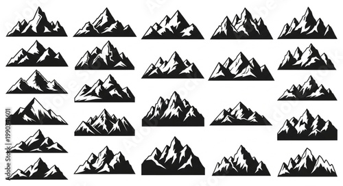 Collection of stylized mountain range silhouettes for design.
