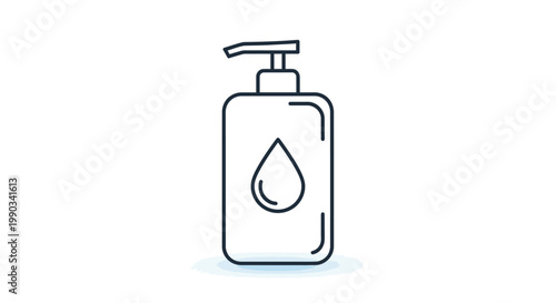 A simple line drawing of a hand sanitizer dispenser with a drop on its label against a white background.