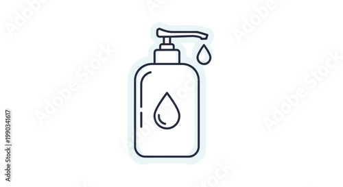 A simple line drawing of a hand sanitizer dispenser with a drop of liquid on a white background.