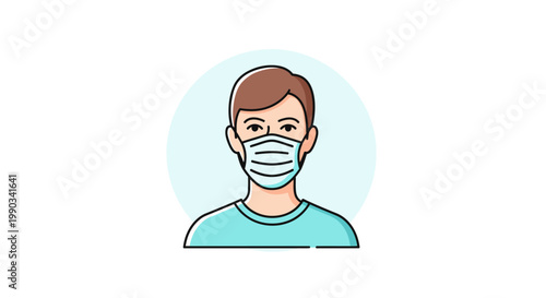 Illustration of a man wearing a face mask against a light blue circular background with a teal shirt.