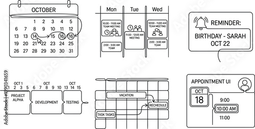 A collection of calendar and scheduling icons for organization and time management AI, eps, png, jpg. transparent background.