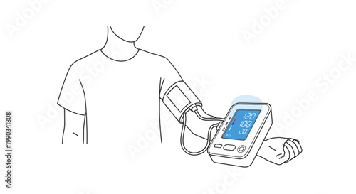 Line drawing of a person wearing a blood pressure cuff connected to a digital monitor on their arm.
