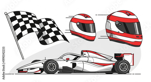 Racing Car Helmet and Checkered Flag Illustration.