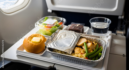 Airplane Meal Tray with Chicken Rice and Green Beans Salad and Dessert