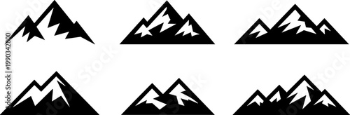 Stylized mountain silhouette set with angular peaks and snow highlights, minimalist black graphic design for nature illustration