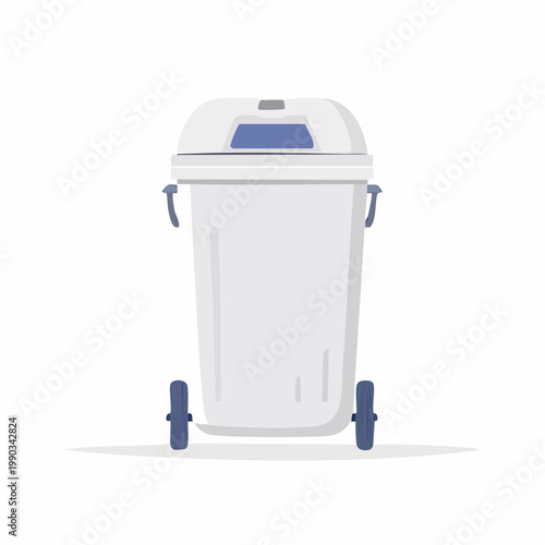 White wheeled trash can illustration with blue accents