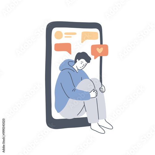A young man feeling isolated and overwhelmed by constant social media notifications on his smartphone, symbolizing digital anxiety, mental health struggles, and the need for a screen time detox