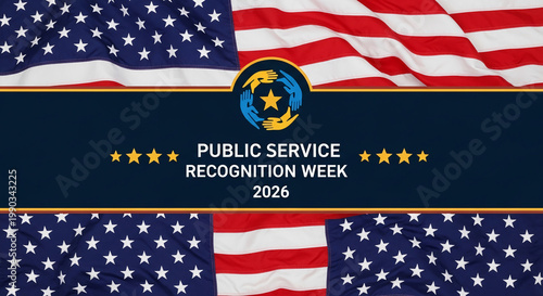 Image with flag and hands surrounding star. Represents public service, unity and recognition, with patriotic sentiment and collective effort
