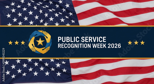 Image of American flag, featuring logo with hands and star for Public Service Recognition Week 2026, representing patriotism and service