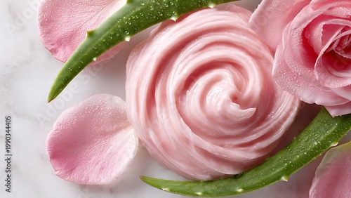 A beautifully arranged top down view of a thick glowing pink cosmetic cream swirl resting beside fresh wet pink rose petals and a green aloe vera leaf, The elegant setup feels very