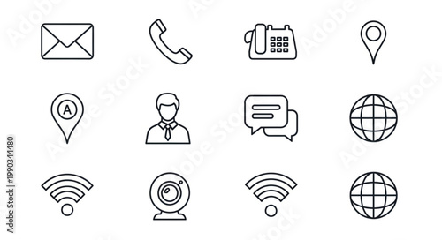 Collection of communication and technology icons in outline style.
