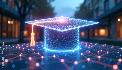 Digital graduation concept: futuristic mortarboard with data network and technology glow in a modern campus courtyard.