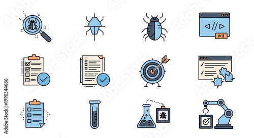 Software Development Icons Representing Testing Debugging and Automation.