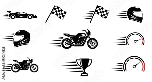 Racing Icons Set Speed Motorcycle Car Helmet Trophy Flags.